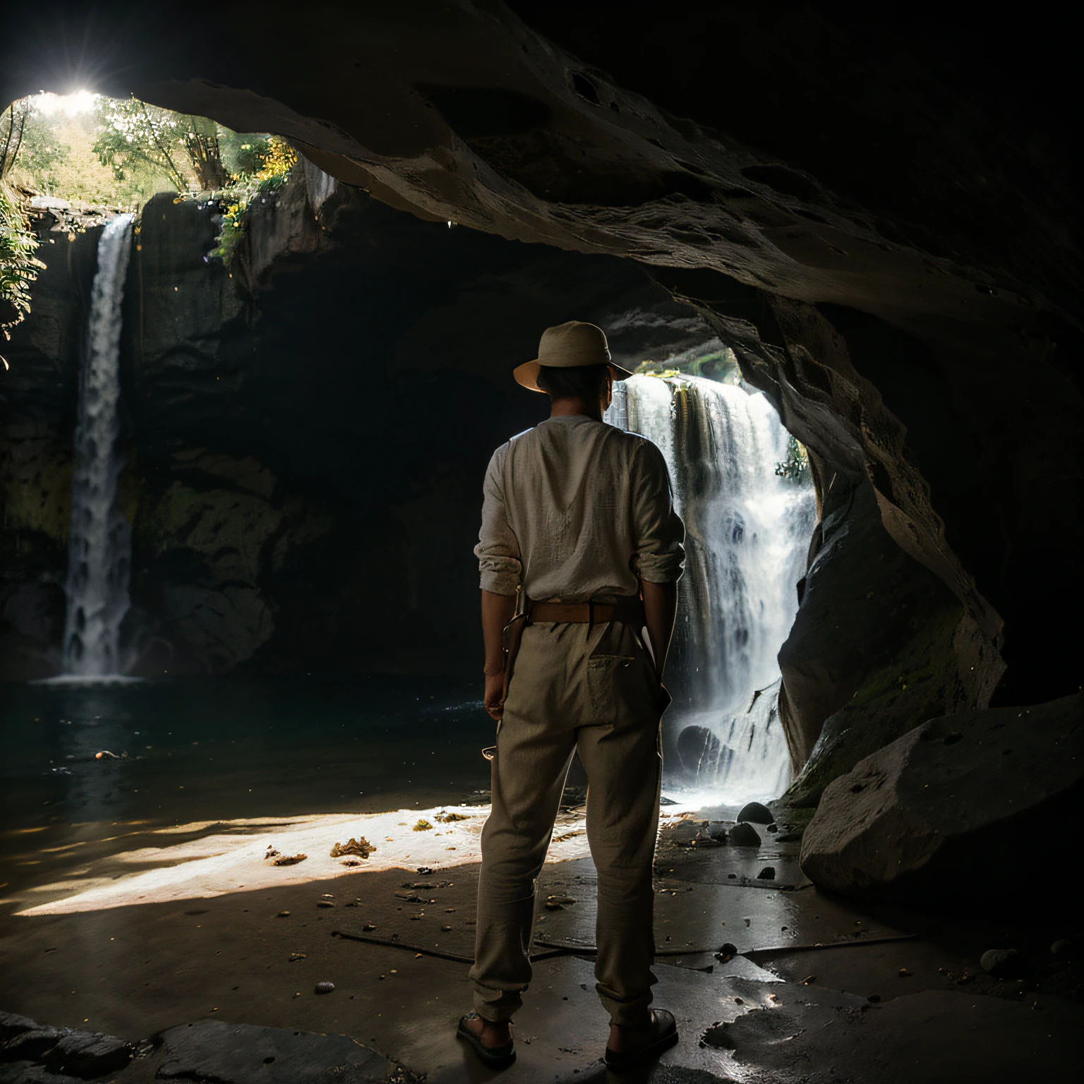 a man, linen clothes, pants, belt, with hat, old linen bag on a shoulder, axe with other hand, his back to the camera, full body, looking to a woman, heavenly backround, golden rocks, waterfall, cave, looking trough a giant light hole, darkness, climbing to a rock
