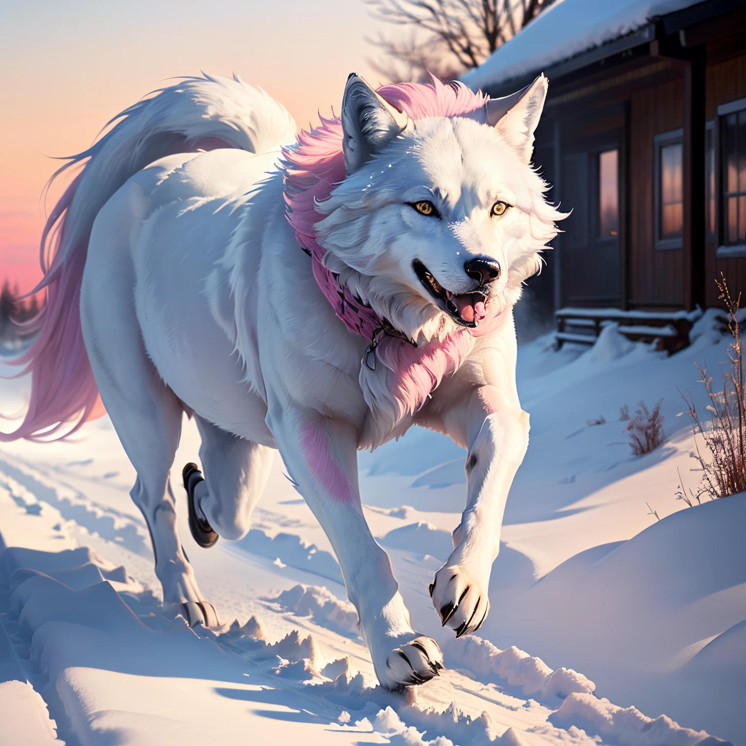 White wolf running through the snow with the sun shining in a pink sky