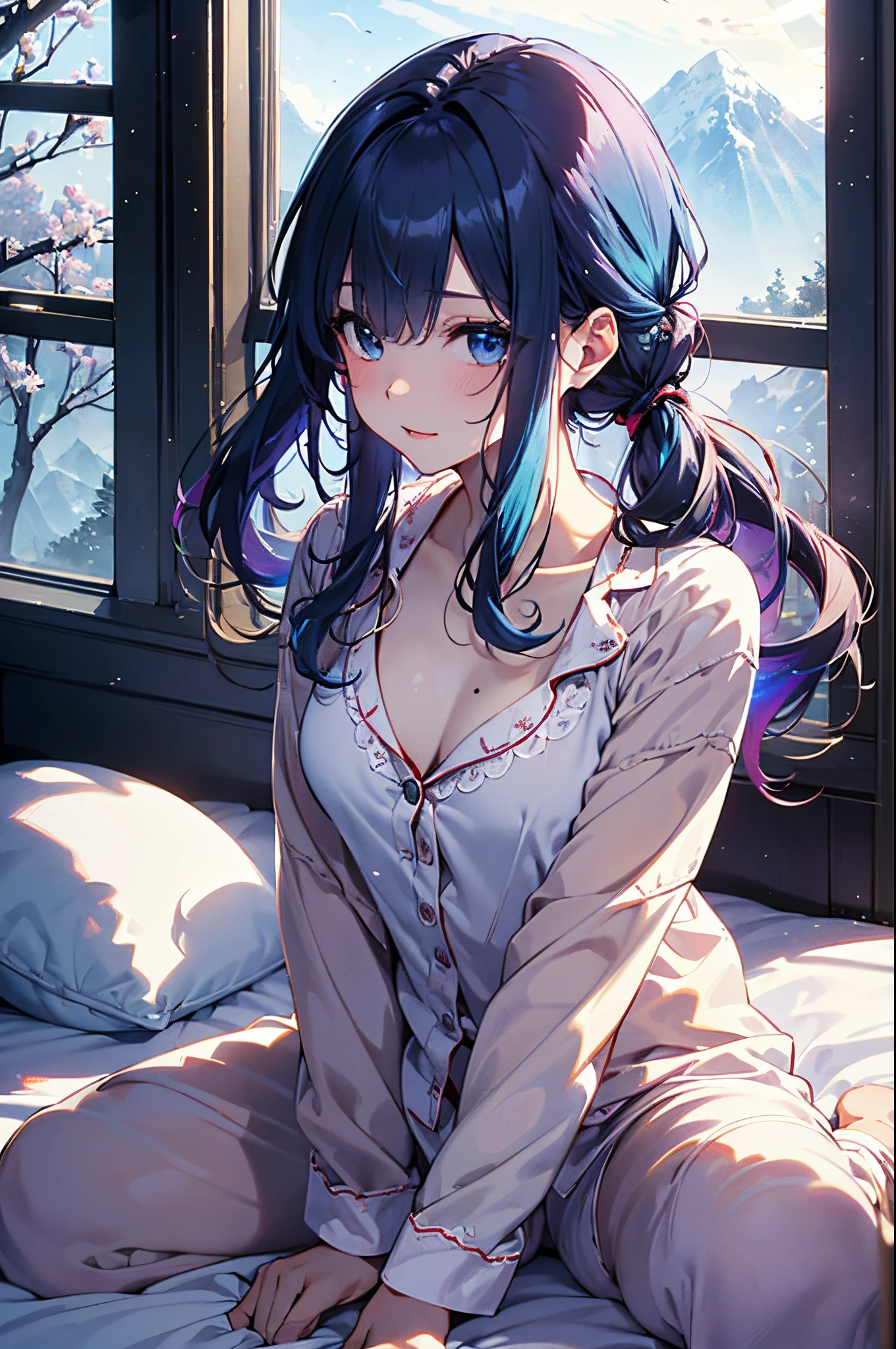 (Girl with a nasty appearance:1.1)、(Daytime:1.5)、(and chest:1.4)、Raw photography, top-quality, hight resolution, (masterpiece), (Photorealsitic:1.4), (Mole under the eyes),Anime Cosplay, foco nítido, nffsw, 8K分辨率, intricate detailes, depth of fields, the Extremely Detailed CG Unity 8K Wallpapers, front lit, femele,25-years old、 His lips are smiling、(tying hair:1.5)、(Medium Showtrain Bo Hair)、(long sleeved pajamas:1.3)、blue eyess,(lying on the bed:1.5)、(Blue sky seen from the window:1.3)、(Full body depiction)、(fullmoon:1.2)、(shooting stars:0.9)、(nebulas:1.3)、mountain in the distance、Tree Break Production Art、(Warm color light source:1.2)、(fireflys:1.2)、abajour、Purple and orange、intricate detailes、Volume Lighting、Realism Break (masterpiece:1.2)、(top-quality)、4K、Ultra-Details、(The composition of the movement:1.4)、Very detailed and colorful details、(Iridescent colors:1.2)、(Glowing lighting、Atmospheric lighting)、dream-like、Magical