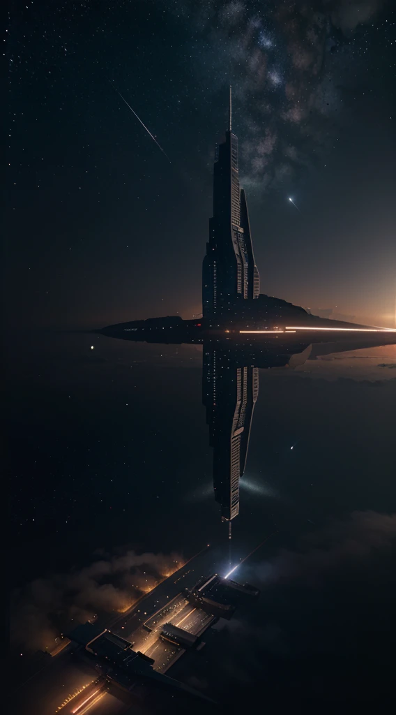 Design a breathtaking skyline of the Empire at night, with distant planets, stars, and space structures, setting the stage for the grand space opera in 8K realism.
