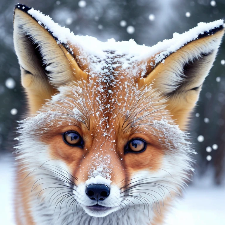 Fox in the snow, pretty, big eyes, snowflakes, kawai, hight resolution, detailing, 1:1