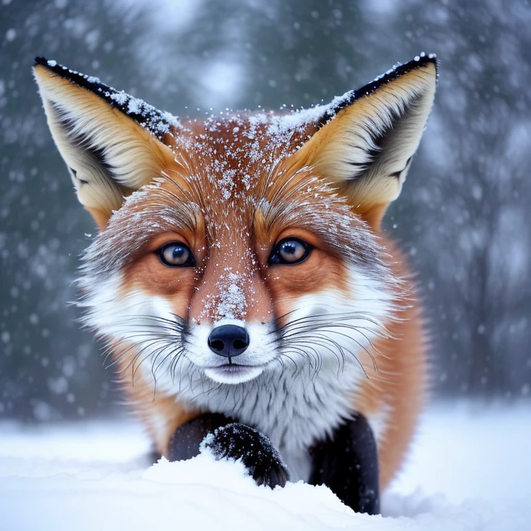 Fox in the snow, pretty, big eyes, snowflakes, kawai, hight resolution, detailing, 1:1