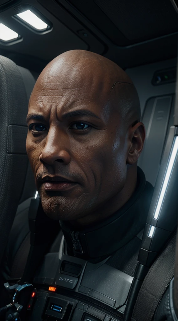 Render an ultra-realistic spaceship piloted by Dwayne Johnson, highlighting the intricate details of advanced technology and spacefaring aesthetics.