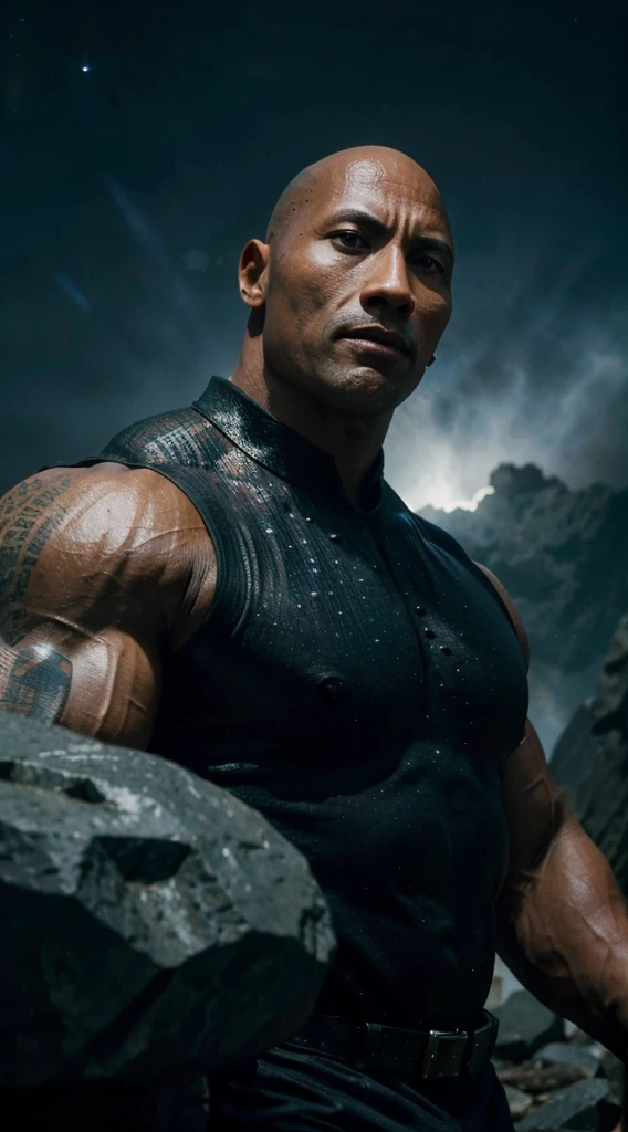 Create an iconic pose of Dwayne Johnson amidst the cosmic backdrop, capturing the essence of his character's strength and leadership in 8K definition.
