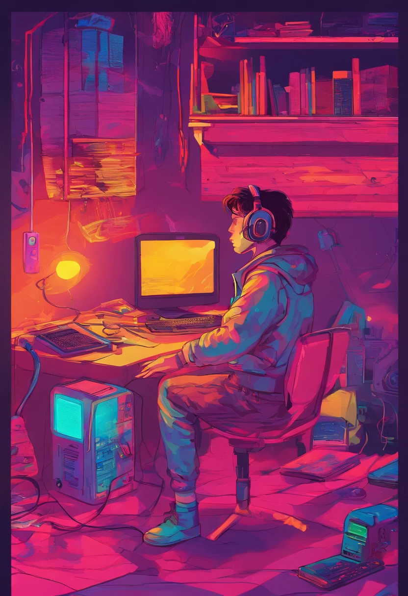 Boy listening to music in a cozy room at night, Usando fones de ouvido, Anime estilo 2D, Lo-fi, disco Rigido, Ambiente escuro, frente a um computador, livros sobre a mesa, estudando, concentrado, profundidade, 4k, papel de parede, obra prima