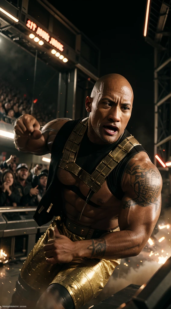 Illustrate a triumphant scene within the Empire as Dwayne Johnson's character celebrates a hard-fought victory, surrounded by cheering troops and futuristic festivities, all rendered in 8K HD.