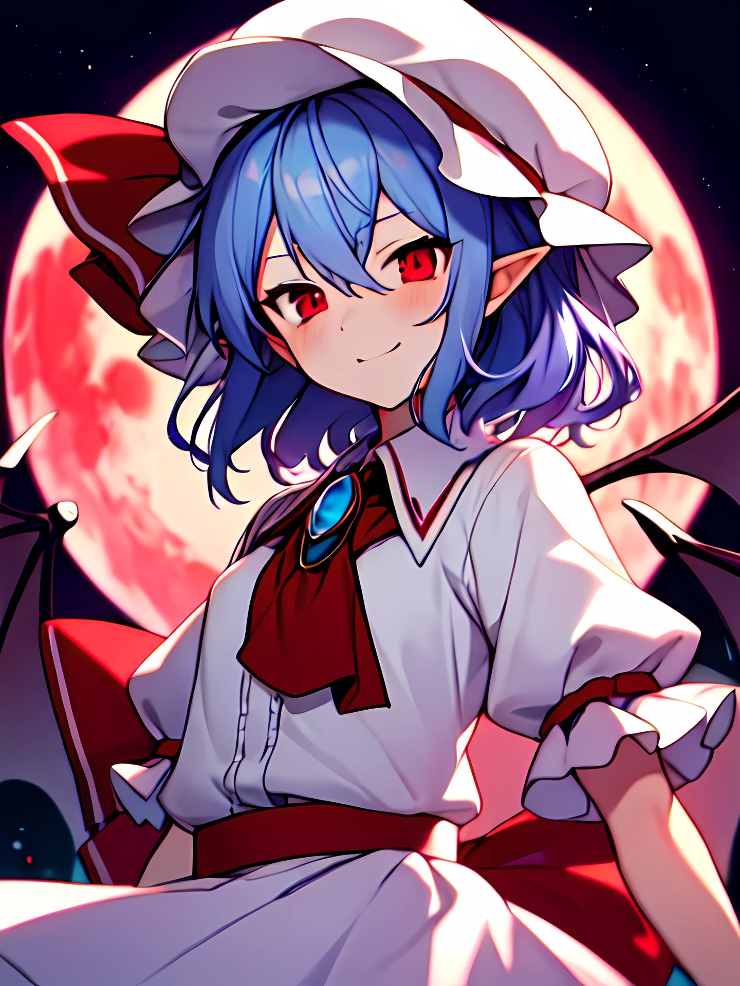 remilia scarlet, Vampire, Pointed ears, Blue hair, Silver hair, Purple hair, Red Eyes, Short hair, hat, White hat, Red Ribbon Ribbon, White shirt, Collared shirt, Puffy Sleeve, Short sleeve, White skirt, Red Ribbon, Red Moon , Dark lighting