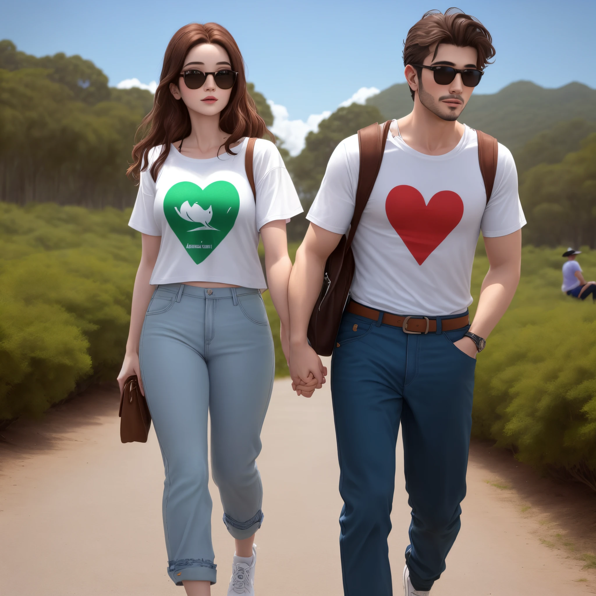 Boy and girl couple in their 30s, el chico moreno con gafas vistiendo pantalon vaquero y camisa a cuadros y zapatillas blanca la chica morena pelo largo con vaqueros y camiseta blanca y zapatillas de deporte, pasean por un parque con arboleda verde