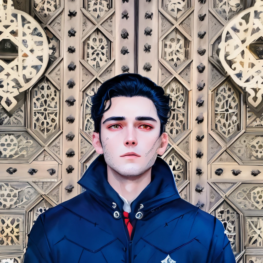 He has cold black hair, one side of his hair is slicked back, red eyes, wearing the Gryffindor uniform, standing in the hall of Hogwarts, the sky is now old, the white light shines in. bright boy's face, manhwa art style, 3:4 ratio board