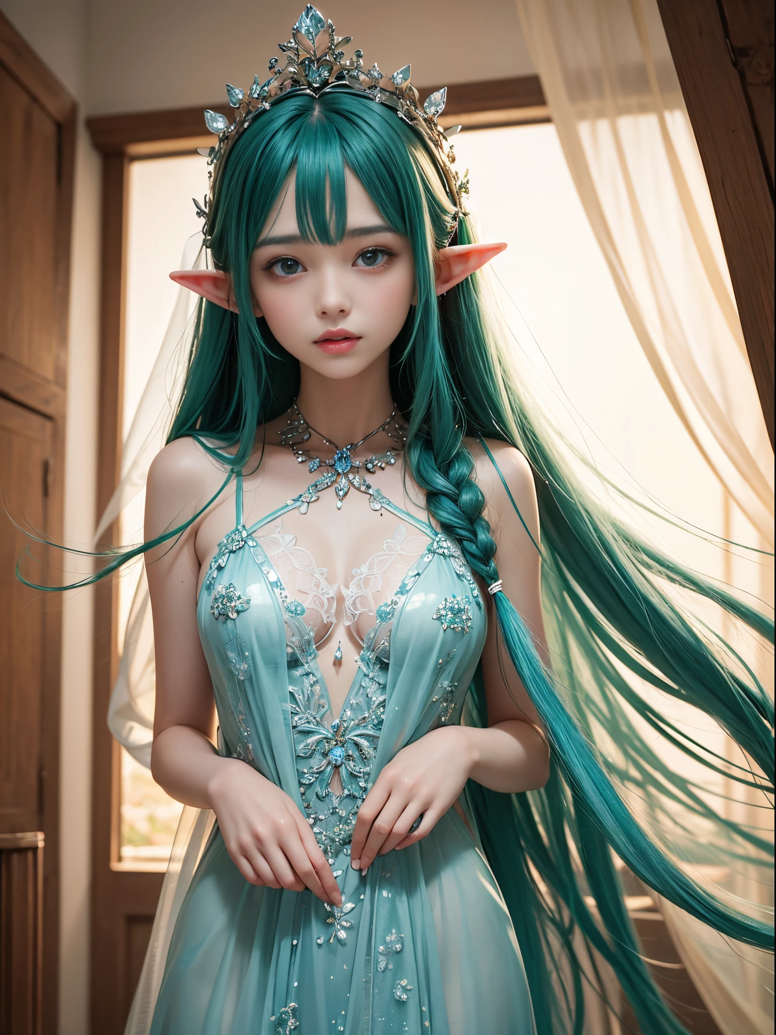 Graceful elven girl standing in meadow, Delicate face illuminated by the soft light of the setting sun. Her long, Flowing hair runs down your back, Decorated with intricate braids、Adorned with sparkling gemstones. This great photo is、、、It captures the ethereal beauty of elves. Slender figure in silk dress、Swaying in the soft steppe breeze. Attention to detail、Face that is、Face that is、Face that is、Face that is、Face that is、Face that is、It is evident in the intricate patterns of the dress and the subtle highlights of the luminescence. skin. The breathtaking portrayal of the elven girl is、、、、、、、Create an enchanting atmosphere、It invites the viewer to a magical world. emerald green hair color and eyes,