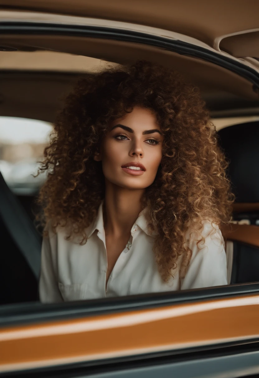 A photo of her sitting in her car in the McDonald's drive-thru, yelling at the person in front of her,original,She is tall lebanese curly hair. Beautiful and skinny. Tan skin but not too dark. Huge hands. Full eyebrows, big brown eyes., female