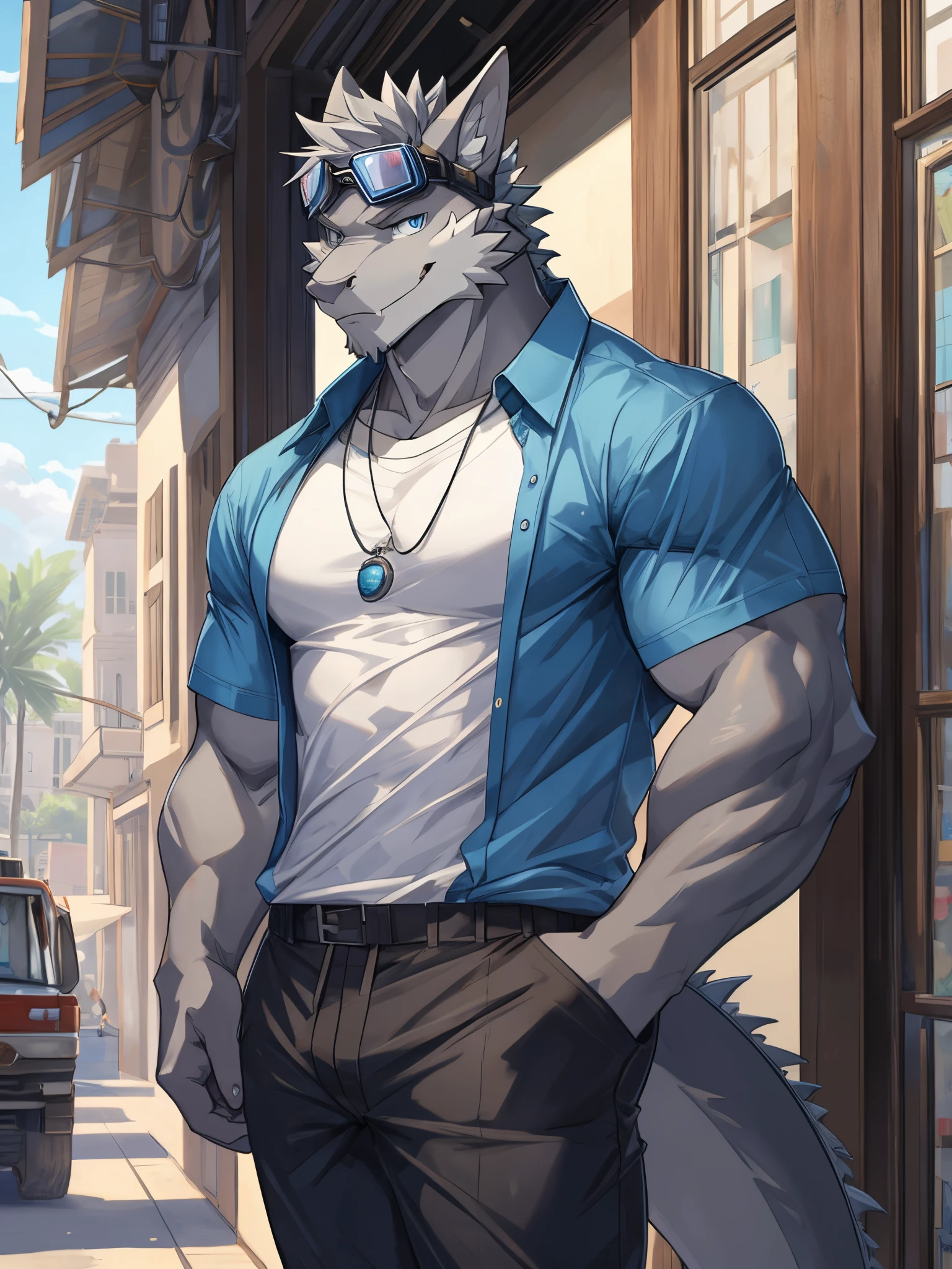 Masterpiece, Solo, Furry Gray Dragon, Adult, Gray Fur, Blue Eyes, Gray Short Hair, Muscular Body, Good Looking, Handsome, Fierce, Casual Shirt, Casual Pants, Blue Goggles, Smiling, Charming Pose
