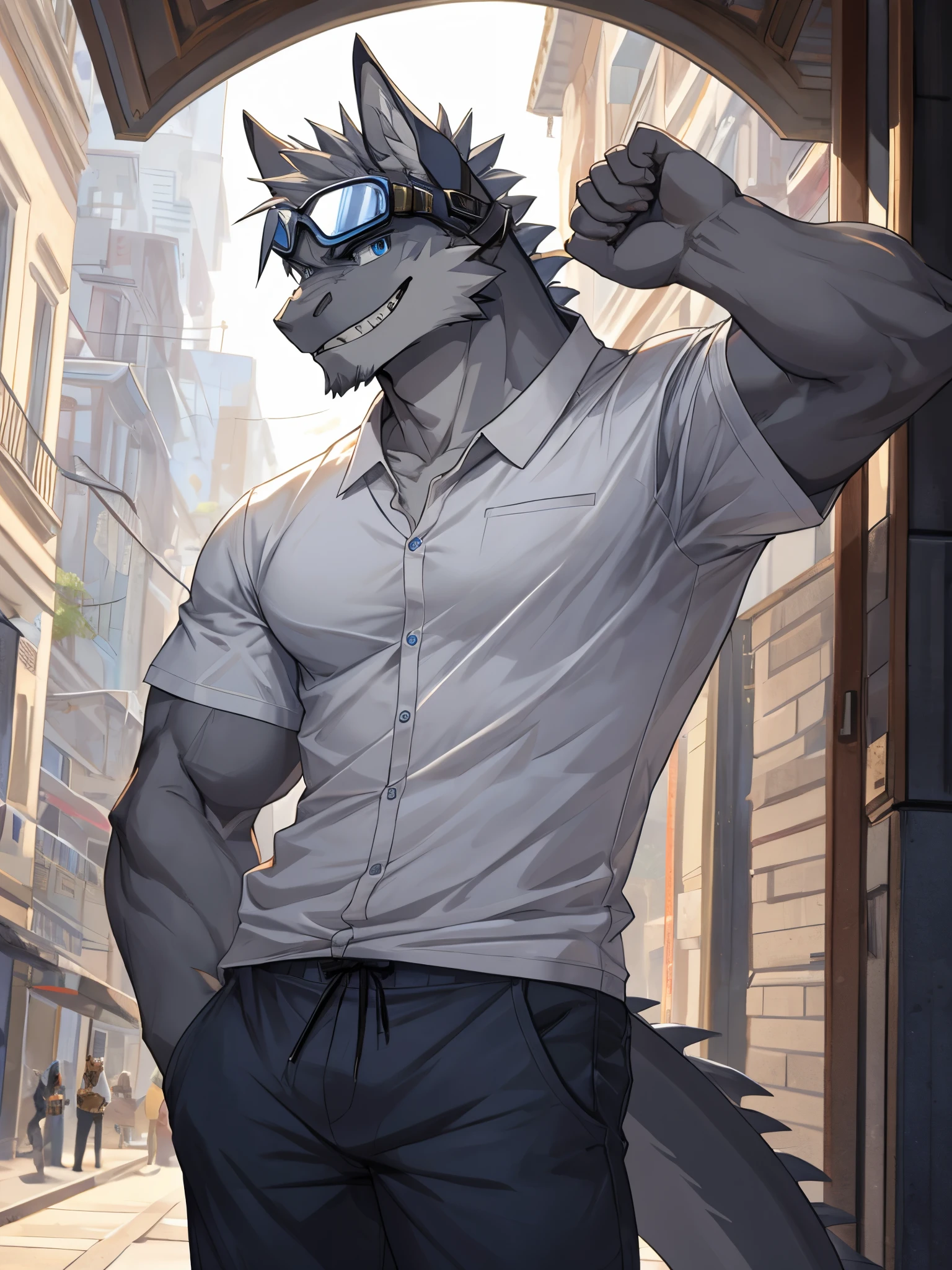 Masterpiece, Solo, Furry Gray Dragon, Adult, Gray Fur, Blue Eyes, Gray Short Hair, Muscular Body, Good Looking, Handsome, Fierce, Casual Shirt, Casual Pants, Blue Goggles, Smiling, Teeth, Cool Pose