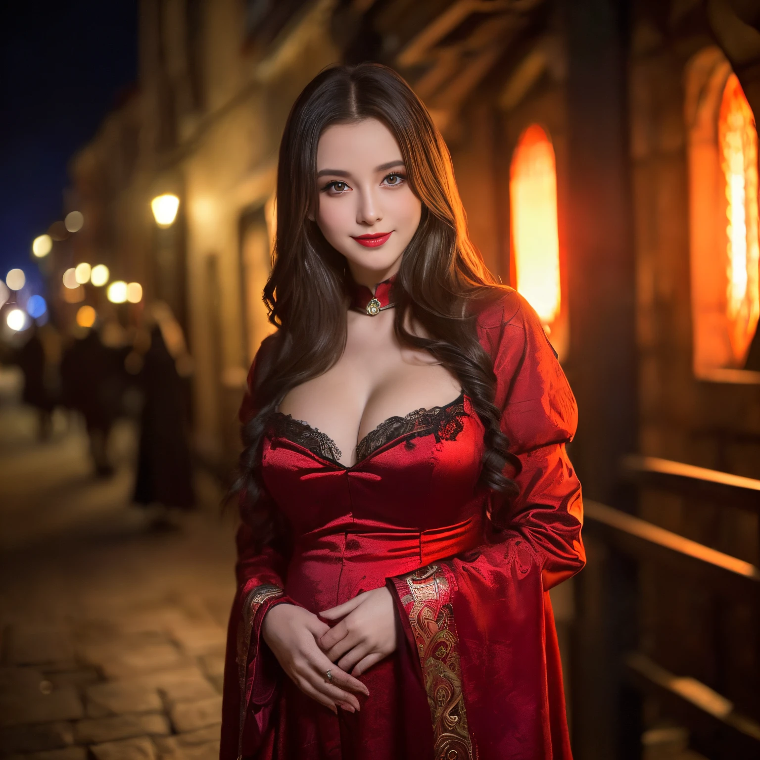 ((top-quality、masutepiece、8K、Top image quality、Highly complex and detailed depictions))、(russian whore pictures:1.3)、Luxurious medieval Russian red light district、the most luxurious prostitute costume、Pregnancy、((The most beautiful medieval Russian courtesan costumes、The most luxurious medieval Russian courtesan costumes、The most luxurious and obscene red-light district、An unimaginably huge entertainment district、A very luxurious and obscene red-light district in medieval Russia、A huge red light district in medieval Russia at midnight、Very complex decoration)、(View me、Bewitching smile、long eyelashes、Perfect makeup、lipsticks、A slight smil)、(perfect anatomia:1.2)、(Depth of field is deep:1.5)、(Detailed and intricate red light district background:1.3)、(A vivid backdrop of the obscene medieval Russian red-light district:1.3)、spectacular movie lighting、(romantic mood night:1.1)、(Perfectly recreates the atmosphere of medieval Russian red-light districts:1.3)、(obscene entertainment district:1.1)、(Obscene mood 1.1)