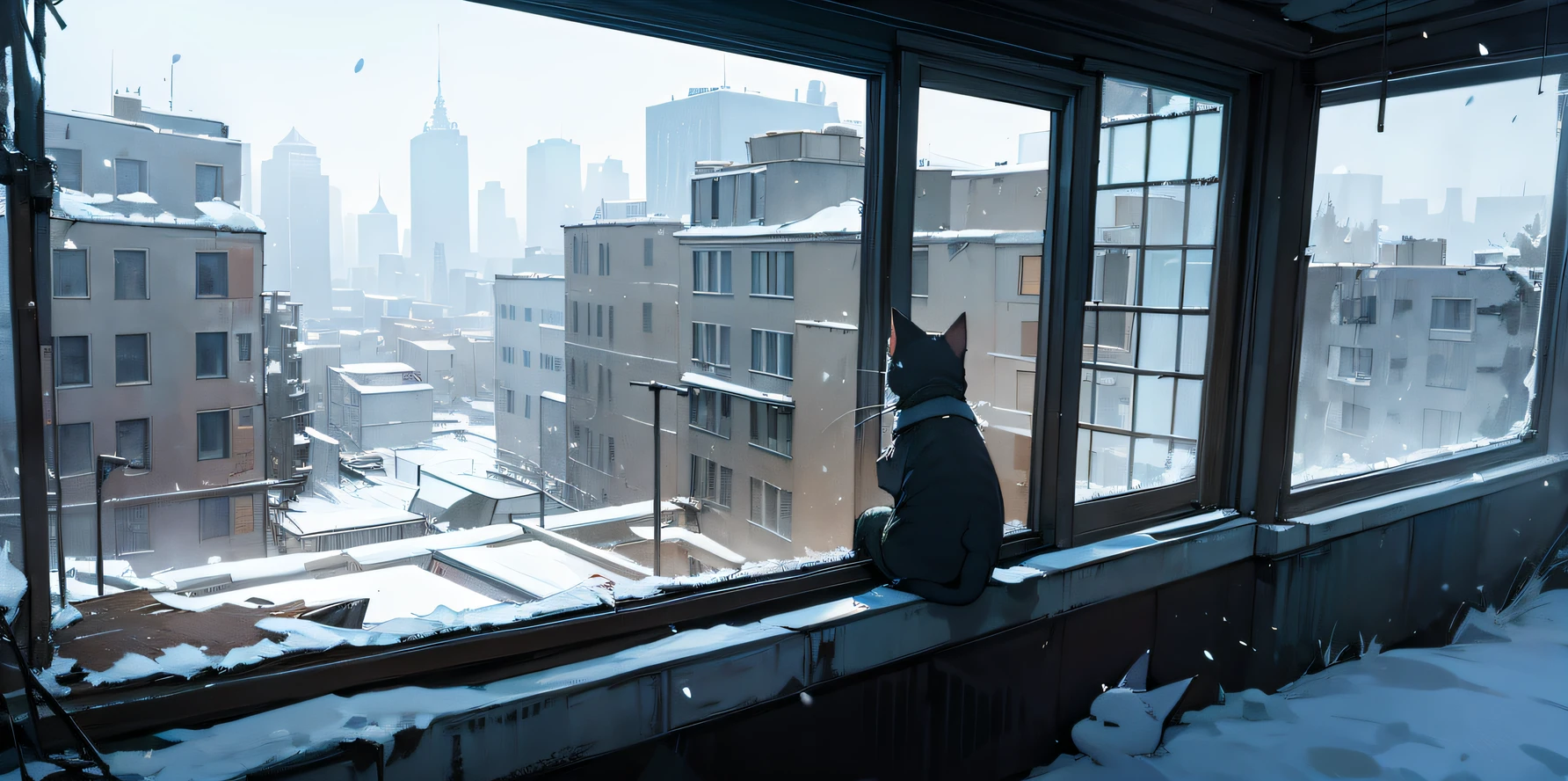 a cat in a window in a city destroyed by snow