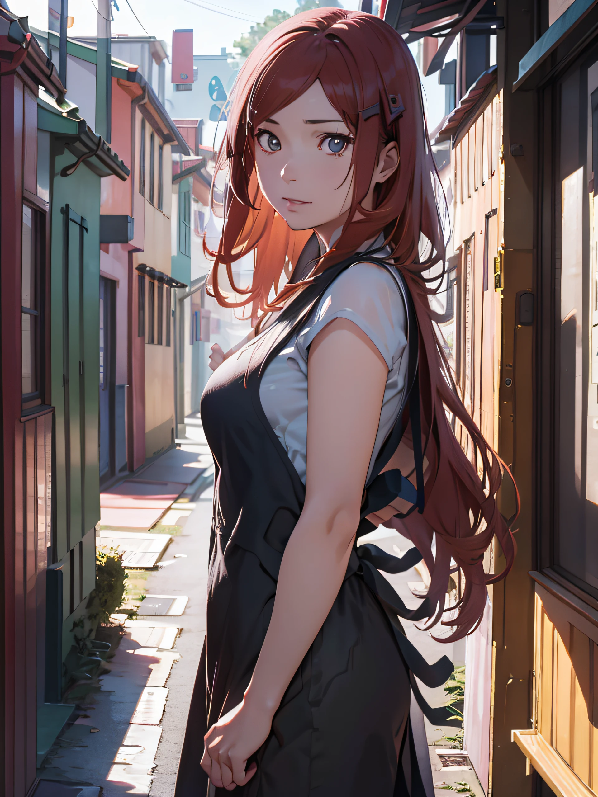 (RAW Photo, Best Quality), (Realistic: 1.3), Highly Detailed, Masterpiece, Hyperdetail, Illustration, full_body, HDR (High Dynamic Range), Ray Tracing, NVIDIA RTX, Super-Resolution, Unreal 5, Subsurface Scattering, PBR Textures, Post-processing, Anisotropic Filtering, Depth of Field, Maximum Sharpness and Clarity, Multi-layer Textures, Albedo and Highlight Maps, Surface Shading, Precise simulation of light-material interactions, perfect proportions, Octane Render, bi-color light, large aperture, low ISO, white balance, rule of thirds, 8K RAW, finger detailing, refined facial features, focus on the face, ((no extra limbs)), Dynamic Angle, World Mastery Theater, Best Quality, Extremely Detailed CG Unified 8k Wallpaper, Breathtaking, Cinematic Light, lens_flare, beautiful Eyes, (mature woman), Kushina Uzumaki naruto, (wearing red kimono), medium beautifull breast, ((very long red hair)), in konoha
