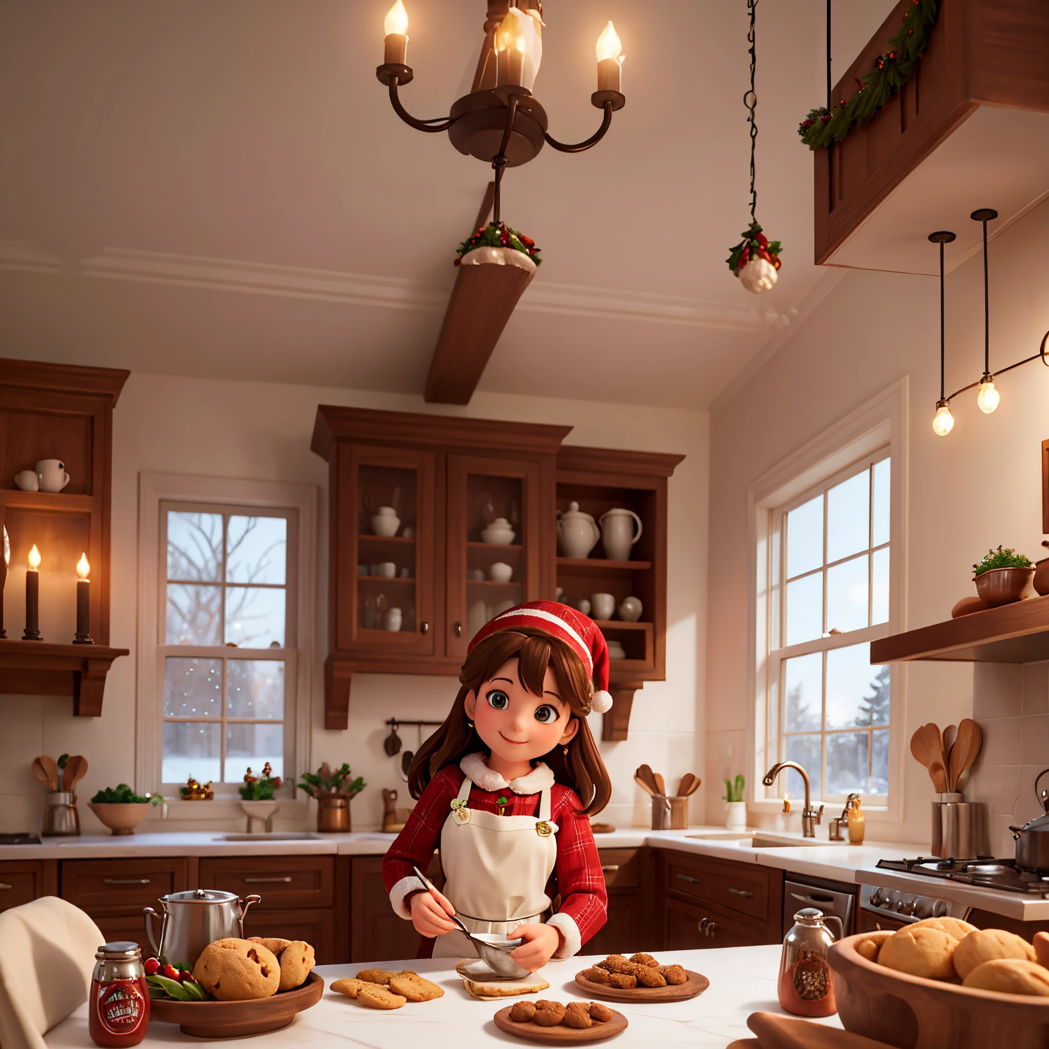 "In the cozy kitchen filled with the aromas of Christmas spices, a woman in a festive apron smiles while shaping cookie dough. Sparkling lights adorn the cabinets as snowflakes dance in the illuminated window, creating a magical Christmas atmosphere. Every detail, from the glistening snow to the festive décor, reflects an exquisite masterpiece, inspired by the artistry of Claude Monet." --v 5.2 --s 100 a Style High"