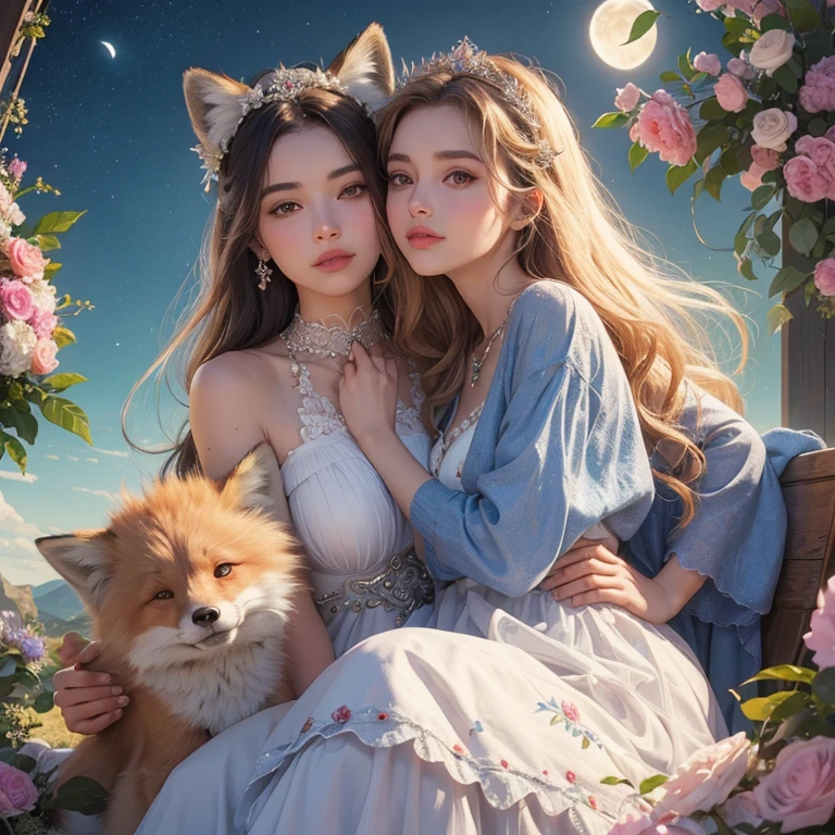 Beautiful and cute,Fox-like face,Fair skin,a moon,Pedras preciosas,princess,the kiss,florals