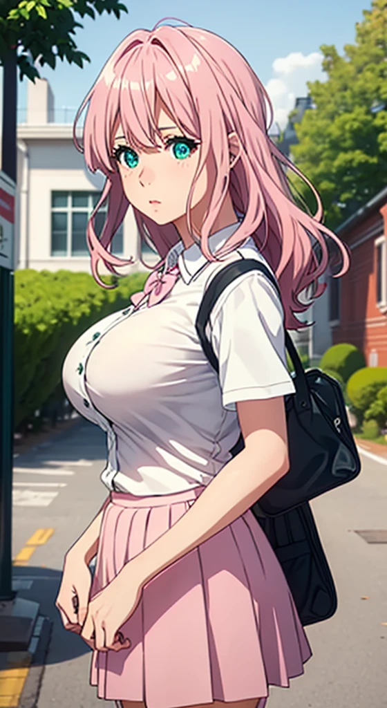 Very Cute girl, massive sized boobs,half naked ,ultra realistic eyes, school uniform dress,short red skirt, holding a bag,school outside, pink colour hair,bright green eyes, ultra realistic detailed eyes, innocent eyes, looking at camera,long pink hair,