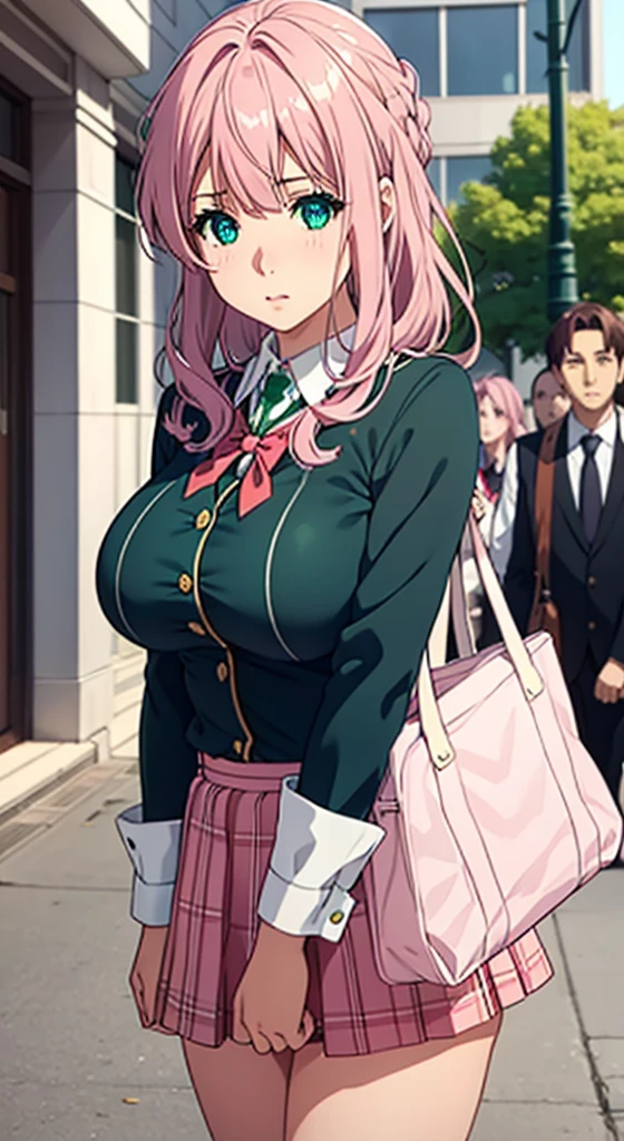 Very Cute girl, massive sized boobs,half naked ,ultra realistic eyes, school uniform dress,short red skirt, holding a bag,school outside, pink colour hair,bright green eyes, ultra realistic detailed eyes, innocent eyes, looking at camera,long pink hair,