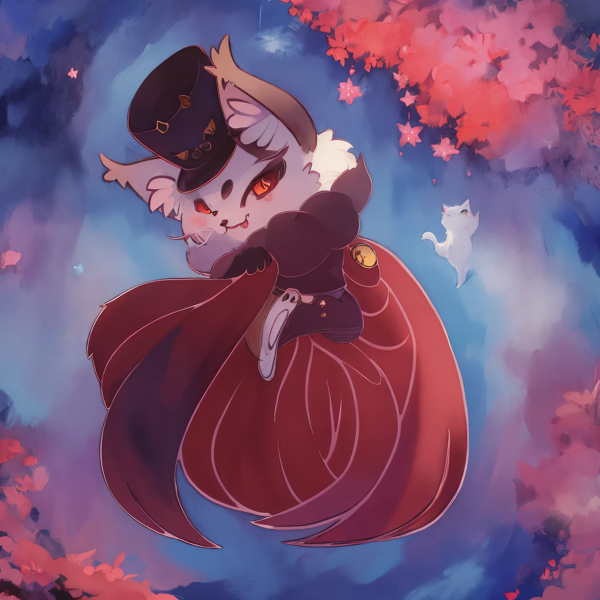 Holding on to the cloak, exquisite vampire , fox wearing top hat, smol furry cat wearing smol hat, Vampire color matching, Kawaii cat, anthropomorphic cat, Soft fur, Super Math Magic Cat, He is wearing a top hat, Rich and dreamy magic background,Inside the castle,Watercolor wind