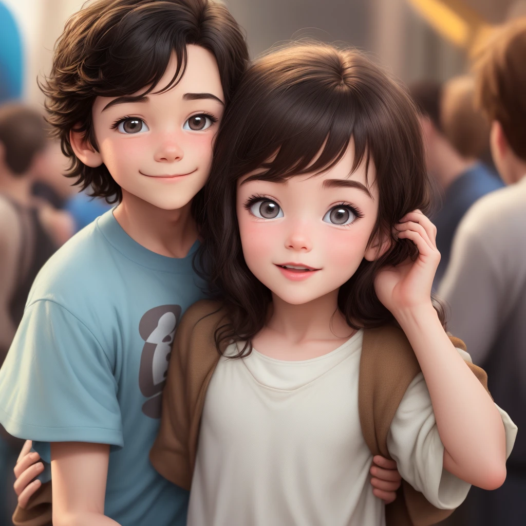 A Disney Pixar animated boy grips the camera, and a girl gives him a kiss and hug.