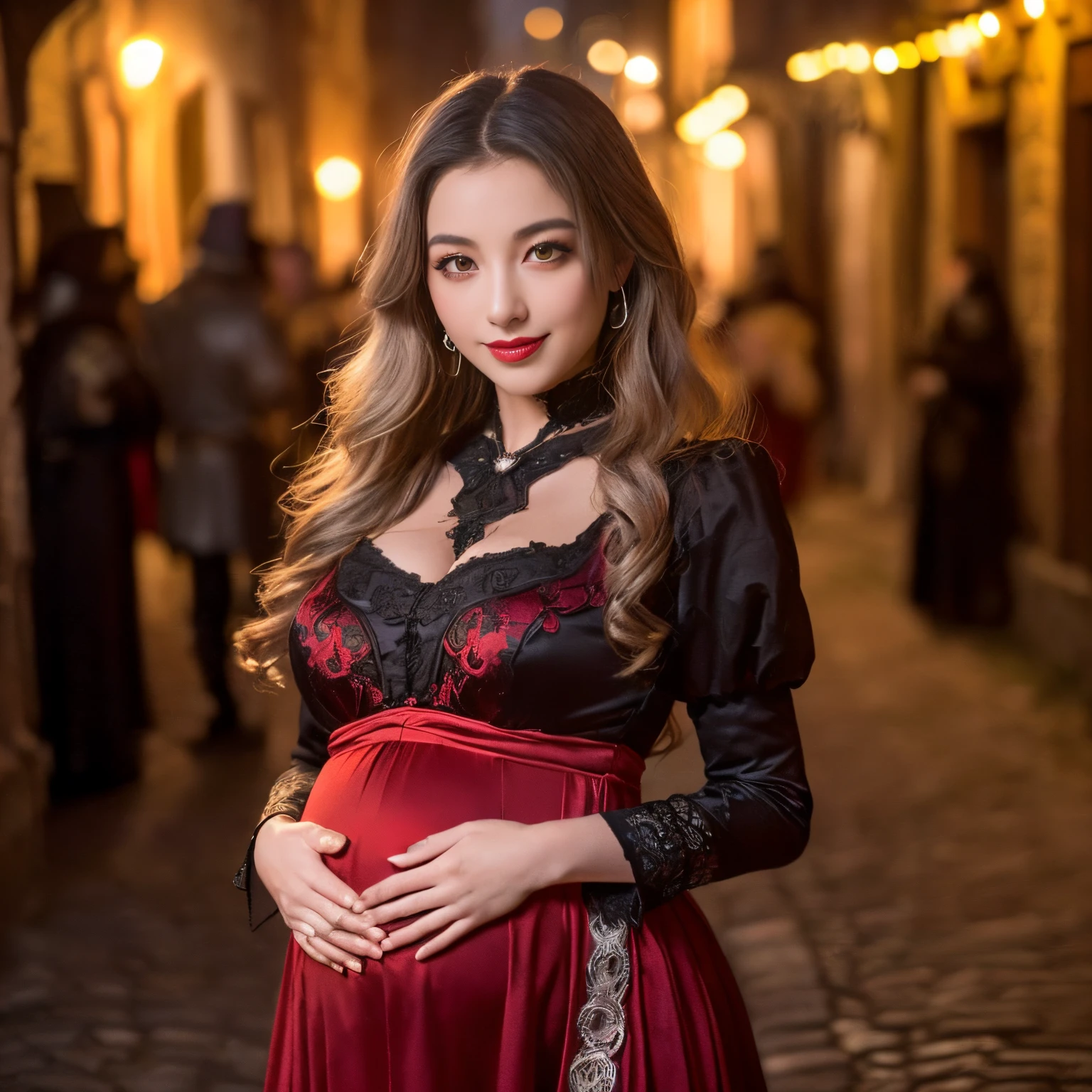((top-quality、masutepiece、8K、Top image quality、Highly complex and detailed depictions))、(italian whore pictures:1.3)、Luxurious medieval Italian red light district、the most luxurious prostitute costume、Pregnancy、((The most beautiful medieval Italian courtesan costumes、The most luxurious medieval Italian courtesan costumes、The most luxurious and obscene red-light district、An unimaginably huge entertainment district、A very luxurious and obscene red-light district in medieval Italy、A huge red light district in medieval Italy at midnight、Very complex decoration)、(View me、Bewitching smile、long eyelashes、Perfect makeup、lipsticks、A slight smil)、(perfect anatomia:1.2)、(Depth of field is deep:1.5)、(Detailed and intricate red light district background:1.3)、(A vivid backdrop of the obscene medieval Italian red-light district:1.3)、spectacular movie lighting、(romantic mood night:1.1)、(Perfectly recreates the atmosphere of a medieval Italian red-light district:1.3)、(obscene entertainment district:1.1)、(Obscene mood 1.1)
