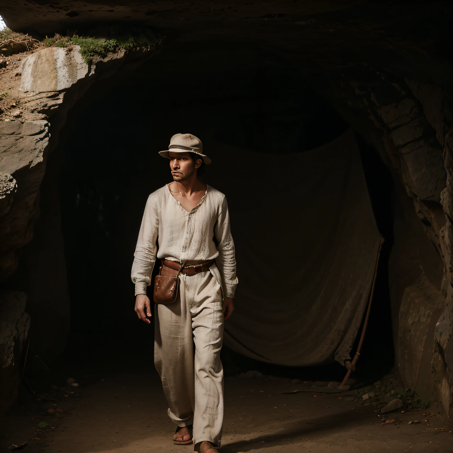 a man, linen clothes, long sleeves, pants, belt, with hat, old linen bag on a shoulder, he's in a well, he is in dawn looking up, dark backround, rocks, cave, darkness, he was scared