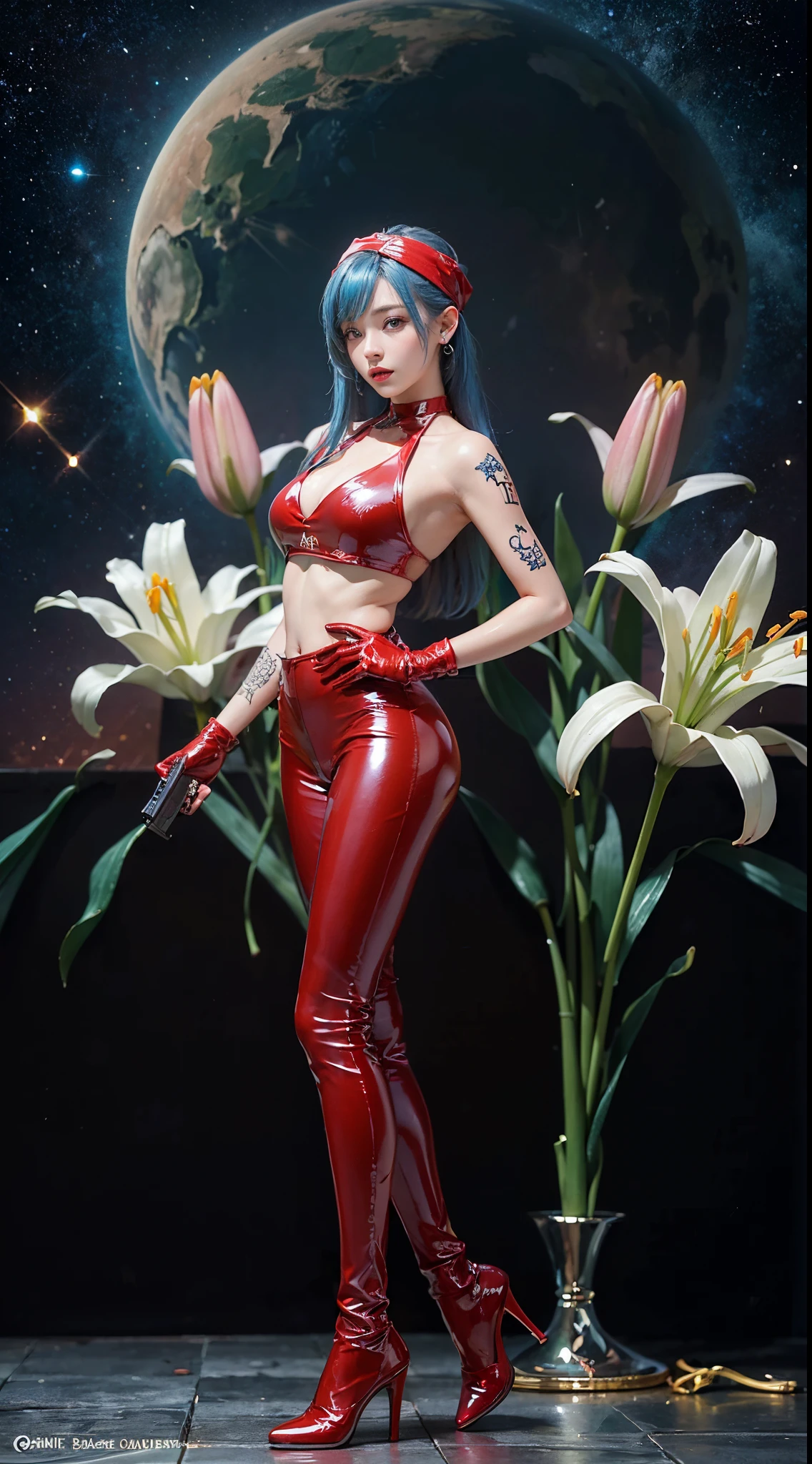 ((masterpiece:1.4)、(highest quality:1.4)、(realistic:1.7))、masterpiece:1.4、beautiful girl dirty pair、(Beautiful Space Investigator Dirty Pair:1.4)、Kei and Yuri space investigator duo、two investigators, Kei and Yuri stand side by side...、(Luis Royo:1.4)、(hold a gun:1.2)、Body fit sexy investigator duo uniform、(luxury shiny latex:1.4)、(white sleeveless uniform jacket)、(Underwear red sexy super ultra bikini)、(luxury red latex:1.4)、19 years old、(cute tattoo:1.4)、(wearing white gloves)、(two cute girls:1.4)、super beautiful、sharp focus、portrait photography、(perfect female body:1.4)、perfect proportions、sexy couple、Upper body shot:1.4、beautiful face、(beautiful skin:1.4)、beautiful eyes、tight waist、beautiful feet、(Kei has red hair:1.4)、(Yuri has blue hair:1.4)、(long hair:1.2)、beautiful breasts、big breasts:1.2、sexy ass、Raw photo、red lips、red high heels:1.4、choker:1.4、necklace:1.4、earrings:1.4、1 screen display、cyberpunk city:1.2