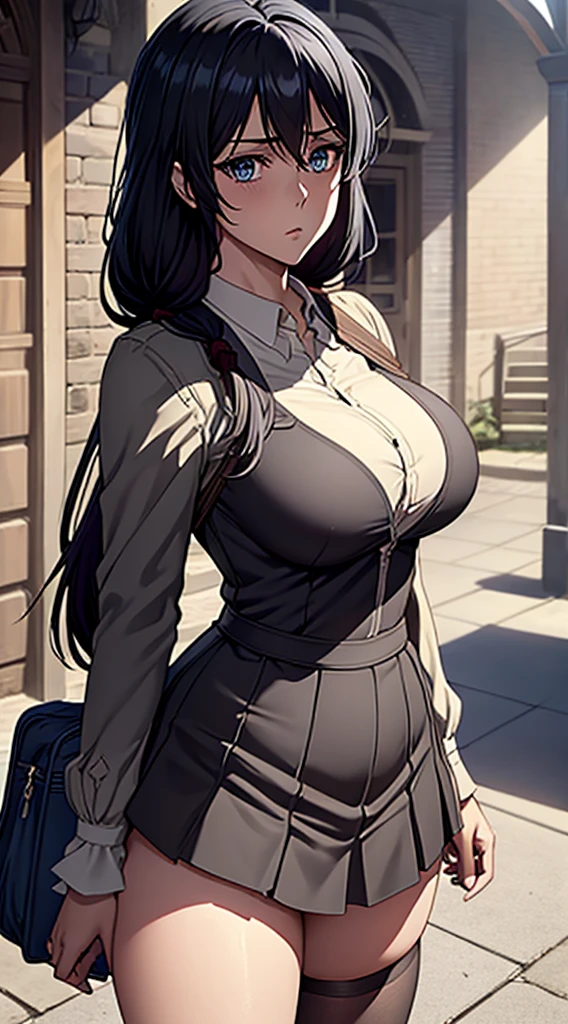 Long black hair, school uniform dress, massive sized boobs, thigh legs, short school skirt, holding a school bag,standing,blue colour eyes,ultra realistic detailed blue eyes, beautiful and perfect face, school background, Violet Evergarden's hairstyle, black hair