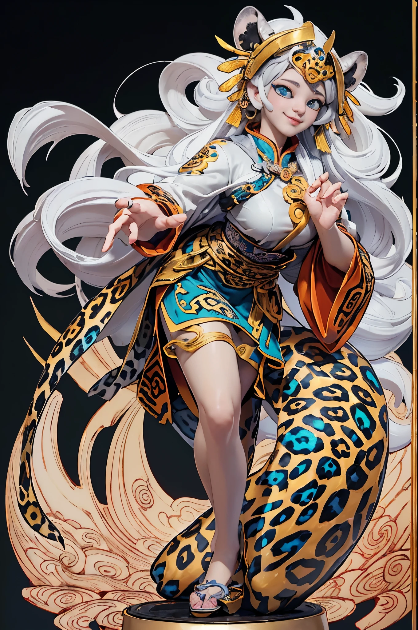 ((Sculpture design)),((full body portrait of person:1.6)),((undying)),((tmasterpiece)),【Create a LOGO based on:(jungle spirit,Appear in female form,),(Chinese mythology:1.5),(There is a jaguar next to me:1.6,complete jaguar:1.6),(A MILF,熟妇,mature,big chest and thin waist,long leges,Goddess Fan,),(wildness),(Enchanting figure),(Perfect woman),(Long layers of silver hair:1.4),ear nipple ring,Large breasts,Expose breasts exposed,((Headdress symbolizing God))】,((Fluttering skirts)),(dunhuang:1.2),((Sexual suggestiveness)),(Computer graphic arts:1.4), (s fractal art: 1.2),(( 32K,A high resolution,hyper HD,)), (( Professional Quality,Perfect photography, ray traycing, perfect volumetric lighting, hight quality octane render, High quality vectors)), ((hyper-detailing:1.2,Complicated details:1.2)), ((ultra real photo,フォトリアリスティック,3 Rendering)),((epic image)),(Blind box toy style:1.6),((simple backgound,Deep dark background:1.2,with black background)),((Detailed faces)),((詳細な目)),((Clean the skin)),(correct hand:1.6),(Complete and beautiful five fingers:1.6),(Head and body proportion anatomical model:1.6),(Anatomically correct perspective and occlusion:1.5),(Correct anatomy:1.5),(Add a base:1.6),(Tangled pedestal::1.6),(Character centered:1.4),(Warm color palette),