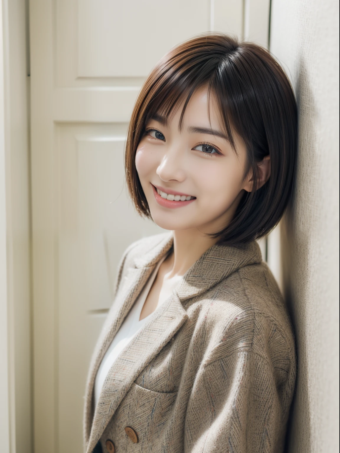 top-quality、masterpiece、hight resolution、1girl in、独奏、Raw photo、Real person、Detailed skin、japanes、((Tweed Setup Suit)) ,((Best Quality, 8K, masutepiece :1.3))、Highly detailed facial and skin texture, Detailed eyes, 二重まぶた ,Lovely smile、((Winter clothes))、Bob Hair、Japanese woman with bob、short-cut、white walls、Taken in front of the white door