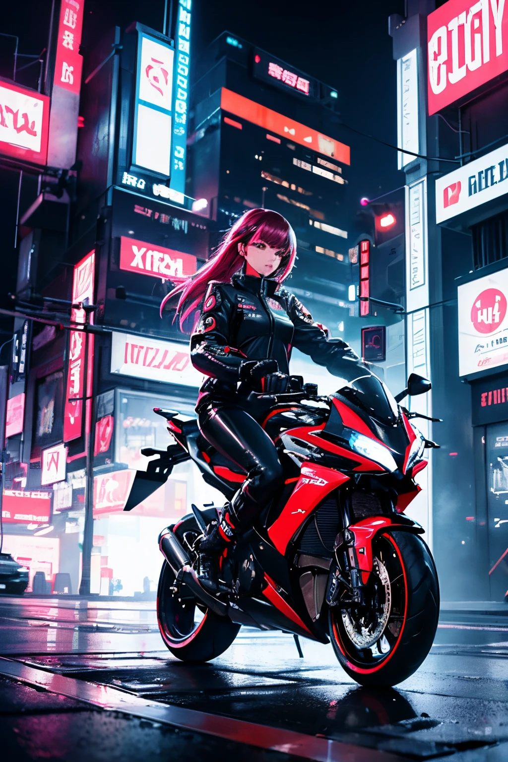 "I would like a hyper-realistic digital artwork featuring a cute teen girl riding a futuristic motorbike in a cyberpunk setting. The girl should exude confidence and style, wearing cyberpunk-inspired clothing and accessories. The motorbike should be sleek and technologically advanced, with neon lights and futuristic elements. The overall scene should capture the essence of a cyberpunk world, with urban landscapes, neon signs, and a sense of high-tech energy. The emphasis should be on creating a visually striking and immersive image that combines the futuristic aesthetics of cyberpunk with the youthful energy of the girl riding the motorbike."