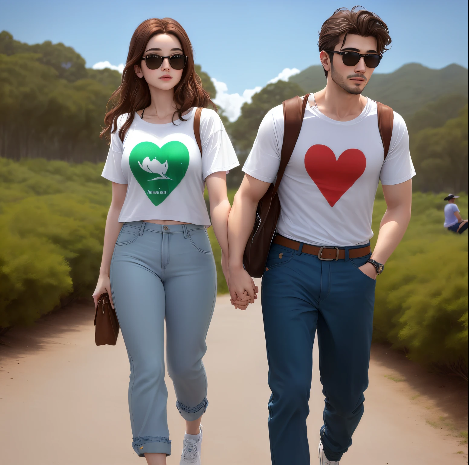 They are crouched talking to a 9 year old boy alone, with a heart on the shirt, Ropa realista, Ropa realista, Caminando juntos, Hombre y mujer caminando juntos, Pareja encantadora, Pareja caminando de la mano, Render promocional, Concepto de arte del amor, Escena realista, realistic artistic style, Pose de pareja, Estilo de ropa casual, imagen realista, Fanart