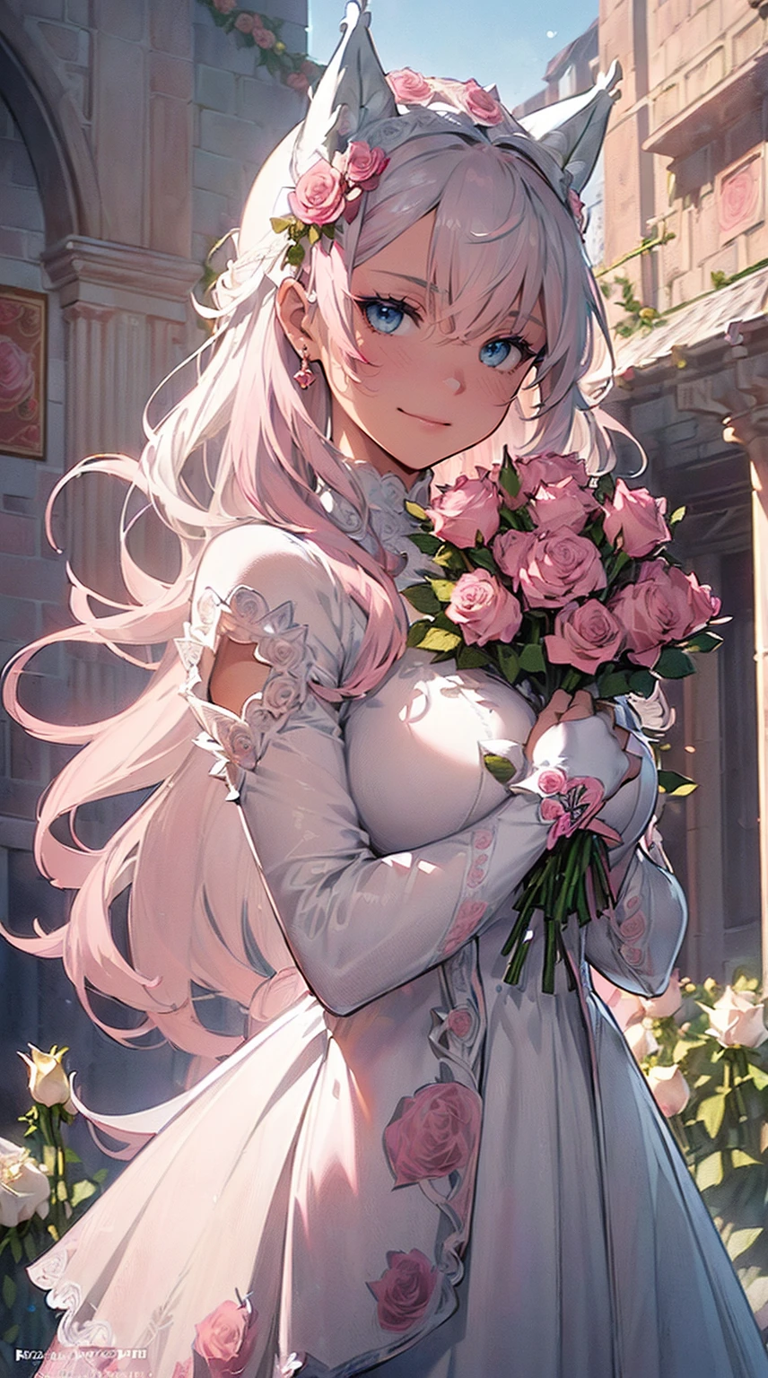 (((masterpiece))), (((highest quality))), ((ultra-detailed)), ((super fine illustration)), ((ultra-fine painting)), (upper body:1.2), (Highly detailed and delicate illustration style:1.45), detailed skin texture, detailed cloth texture, detailed rose flower texture, detailed wood texture, extreme detailed description, (T-masterpiece), ((highly detailed face)), original, raw photo, professional, Intricate details, super details, intricate ornament details, perfect anatomy, (16-year-old), real, (Solo), ((A very mysterious and sacred silver fox girl with nine tails and blue eyes who is a messenger of God:1.2)) BRAKE ((Beautifu and adorable silver fox ears:1.3)), ((Nine beautiful and adorable silver fox tails:1.2)), (nine silver fox tails:1.2), (nine silver fox tails:1.2), (multiple silver fox tails:1.2), (multiple silver fox tails:1.2), (Beautifully shaped breasts), (Beautifully shaped buttocks), (beautiful and shiny silver hair:1.3), (beautifl clear blue eyes:1.3), (detailed beautiful clear blue eyes:1.6), ((looking at me)), (Smile:1.2), Standing, (Celebration), (beautiful hands and fingertips:1.2) BRAKE (((A beautiful and gorgeous princess dress that is detailed and delicate to be worn at celebratory occasions:1.2))) BRAKE ((Holding in both hands a large bouquet of highly detailed and delicate ((white and pink roses)):1.4)) BRAKE (Daytime sun), (Celebration), ((the castle courtyard with lots of very detailed and delicate pink roses and white roses:1.5)), (8K highest quality wallpaper:1.2), (Highly detailed and delicate background:1.2) BRAKE