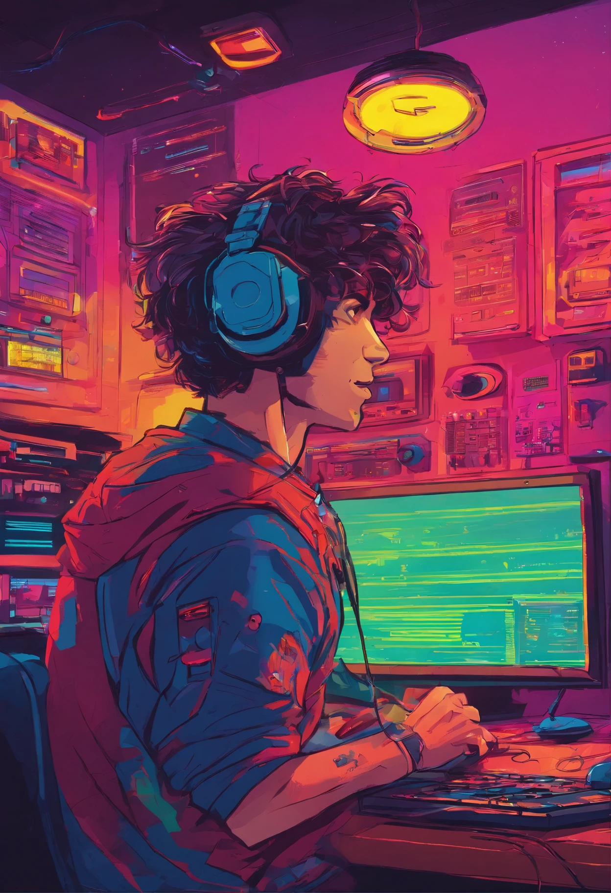 Boy listening to music in a cozy room at night, Usando fones de ouvido, Anime estilo 2D, Lo-fi, disco Rigido, Ambiente escuro, frente a um computador, livros sobre a mesa, estudando, concentrado, profundidade, 4k, papel de parede, obra prima