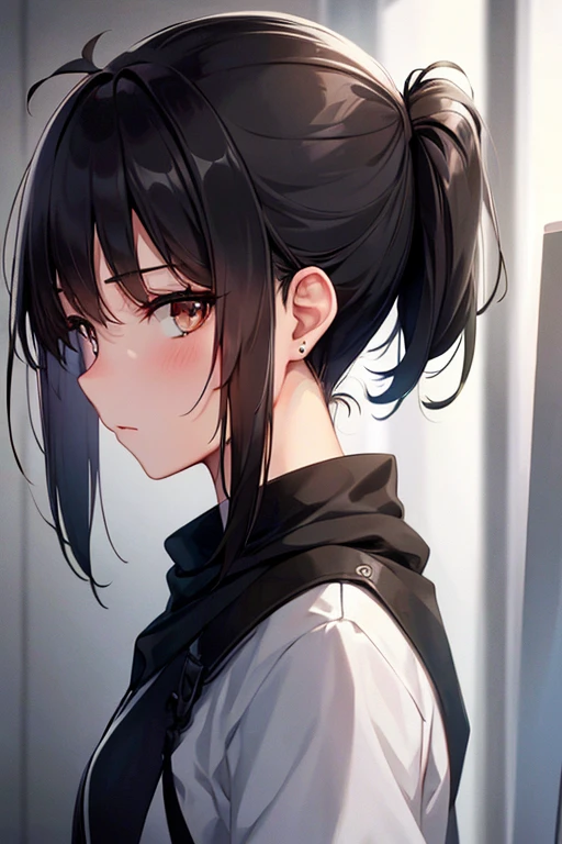 A girl with sharp eyes and black ponytail hair