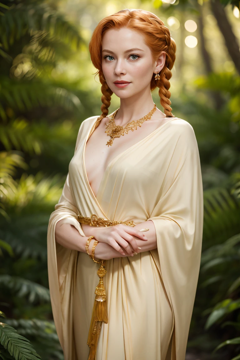 (Grace Kelly:Marilyn Monroe:0.5), A 35-year-old woman with ginger hair, high detail face, high detail skin, detailed green eyes, twin braids, a gold necklace with a ruby pendant, wearing a plunging white Greek robe, Roman sandals, gold bracelets on her arms, legs, forest in the background, masterpiece, extremely high detail, cinematic lighting, backlight, shallow depth of field, bokeh, sharp focus, RAW photo