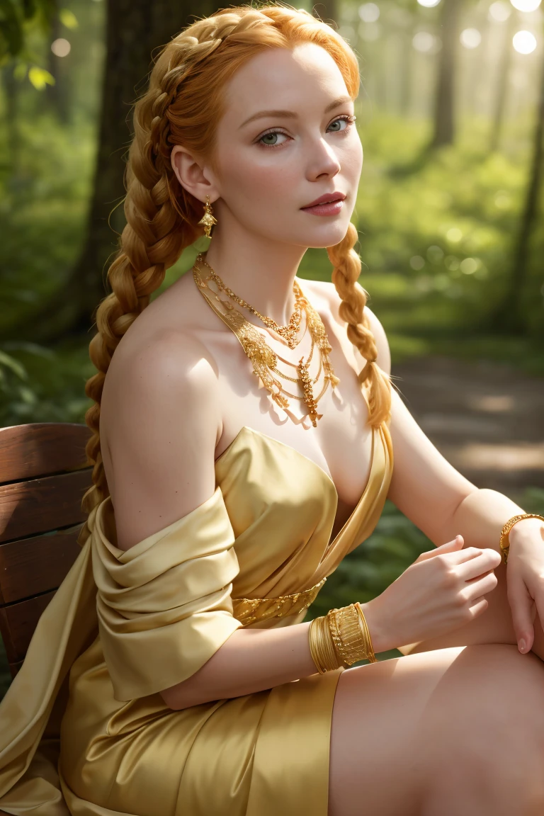 (Grace Kelly:Marilyn Monroe:0.5), A 35-year-old woman with ginger hair, high detail face, high detail skin, detailed green eyes, twin braids, a gold necklace with a ruby pendant, wearing a plunging white Greek robe,  Roman sandals, gold bracelets on her arms, legs, forest in the background, masterpiece, extremely high detail, cinematic lighting, backlight, shallow depth of field, bokeh, sharp focus, RAW photo