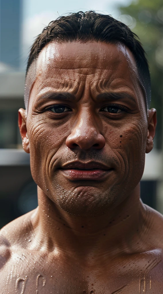 Generate an 8K high-definition realistic image of Dwayne Johnson's face, capturing every detail with precision.
