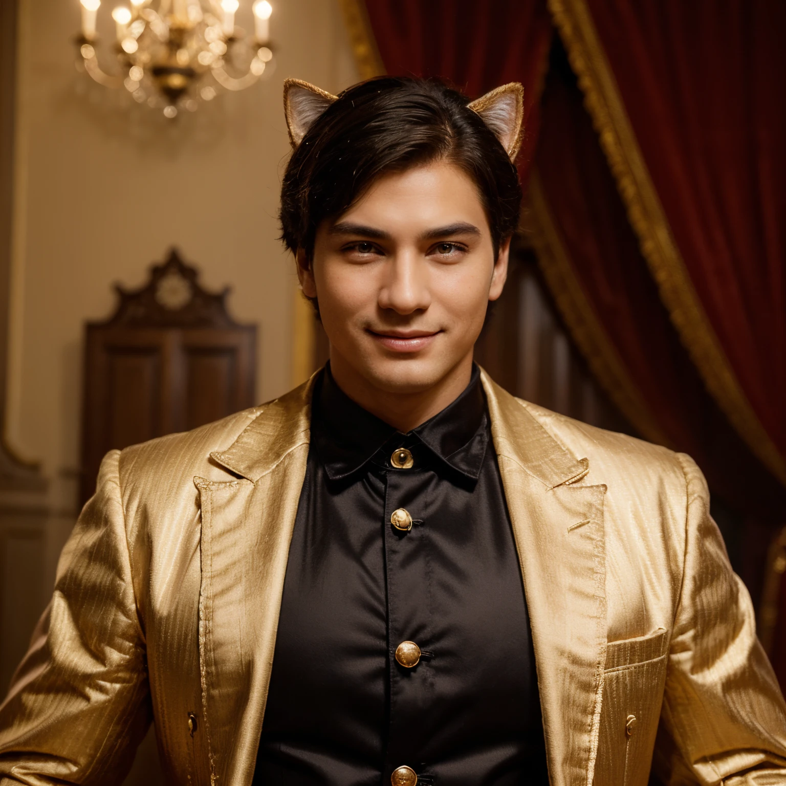catboy, historical costume, domineering CEO, (best quality, ultra-detailed, realistic:1.37), oil painting, luxurious palace, charming smile, captivating gaze, elegant clothing, ornate accessories, sunset lighting, vivid colors