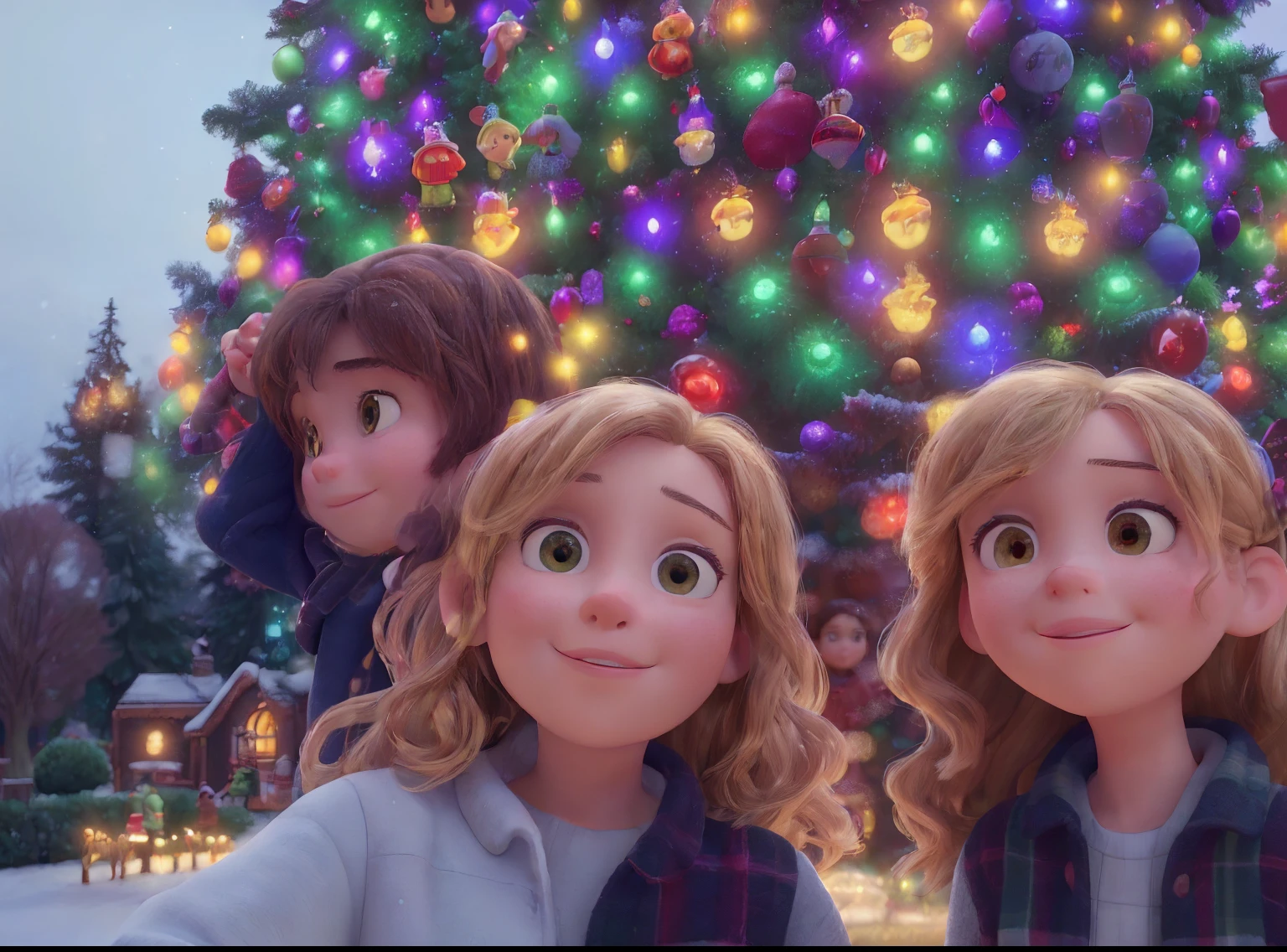 there are three people standing in front of a large christmas tree with a lot of lights, dad daughter and mom with a tree in the background, family photo, profile picture, profile image, 8k selfie photograph, iphone picture, trees in background, snapchat photo,