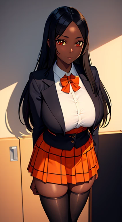 (masterpiece), best quality, expressive eyes, perfect face,black ebony skin, school uniform dress,short school skirt, holding a school bag, school background,perfect shaped body,long hair, black hair, orange eyes, massive sized boobs, thigh legs,black skin, ultra realistic detailed orange eyes, long and open hair, looking at camera, innocent eyes, innocent face,very cute anime girl face, black skin anime girl, cute smile on her face, wearing flower bracelets on her hand,thigh legs