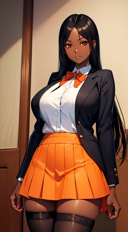 (masterpiece), best quality, expressive eyes, perfect face,black ebony skin, school uniform dress,short school skirt, holding a school bag, school background,perfect shaped body,long hair, black hair, orange eyes, massive sized boobs, thigh legs,black skin, ultra realistic detailed orange eyes, long and open hair, looking at camera, innocent eyes, innocent face,very cute anime girl face, black skin anime girl, cute smile on her face, wearing flower bracelets on her hand,thigh legs