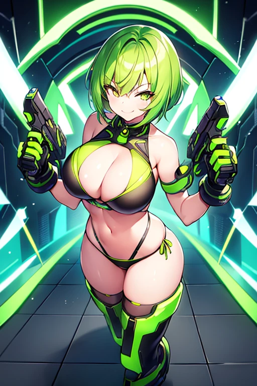 1girl, large breasts, wide hips, green hair, very short hair, short hair, yellow eyes, bikini, black bikini, neon trim, green neon trim, smile, smirk, smug, futuristic, science-fiction, tech, machinery, shoes, sneakers, green neon trim, green trim, full body