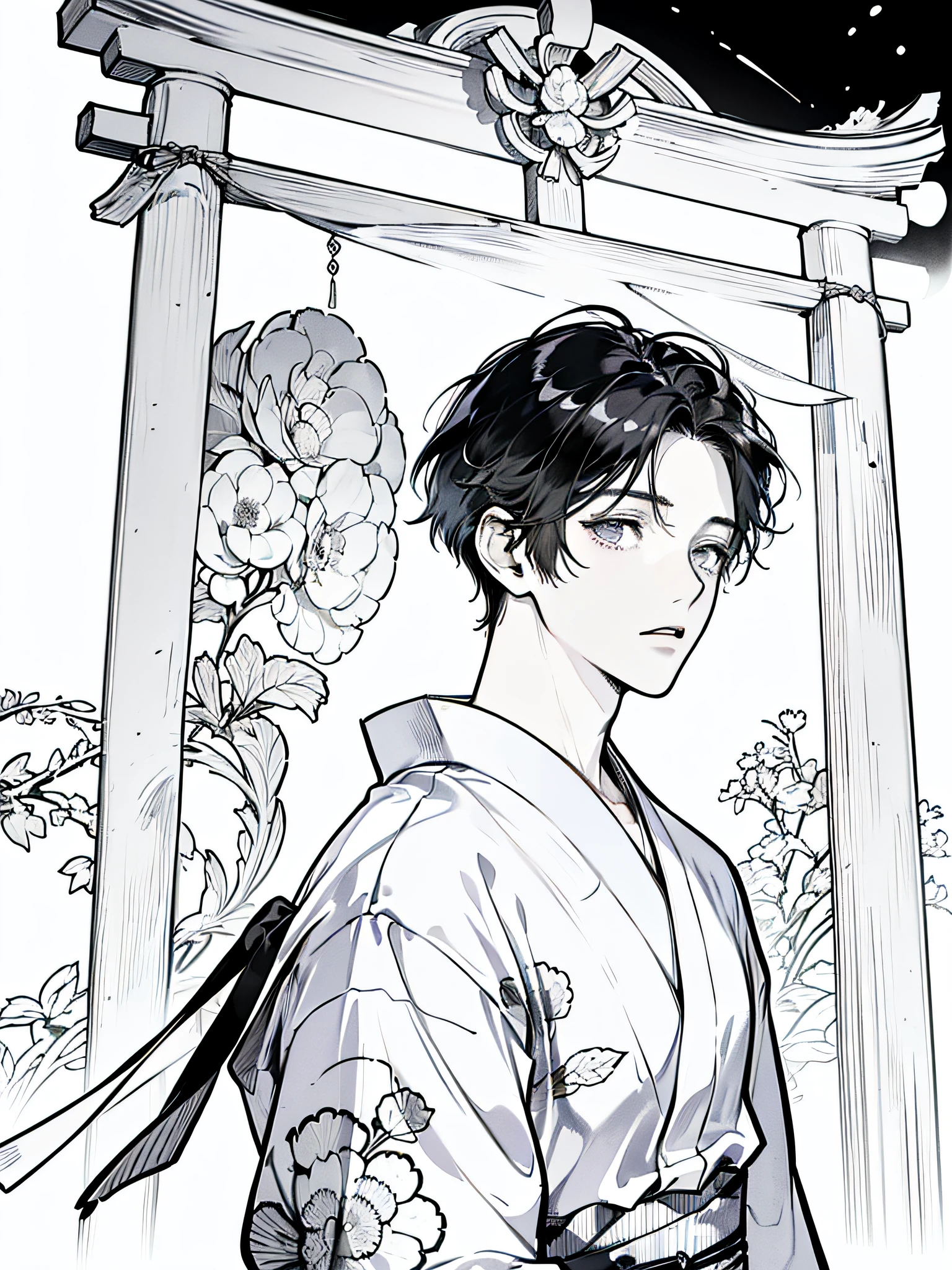 black and white manga style, Highly Detailed, Masterpiece, Hyper detailed, Illustration, (1 guy, 27 years old japanese man figure), (wearing yukata), in the shrine, cinematic shot, ((manga, manga style, black and white))