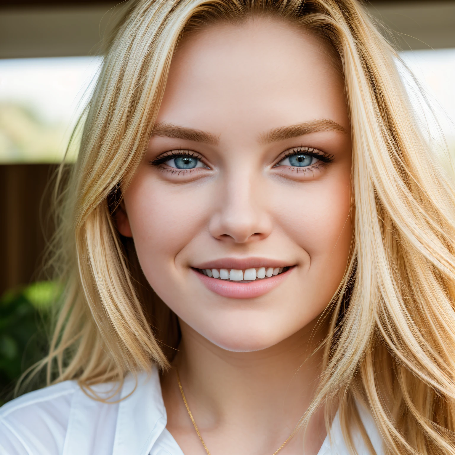 Real life portrait photo of a 18 year old beautiful woman, blonde hair, blue eyes, thick lips, young look, smiling, detailed facial features, realistic photo, symetric eyes, natural lightning, at home