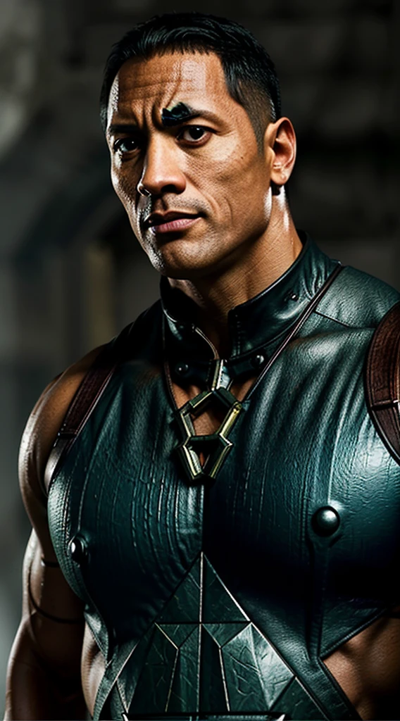 Depict Dwayne Johnson as a leader of a diverse group of fantasy characters, each with unique abilities and characteristics.