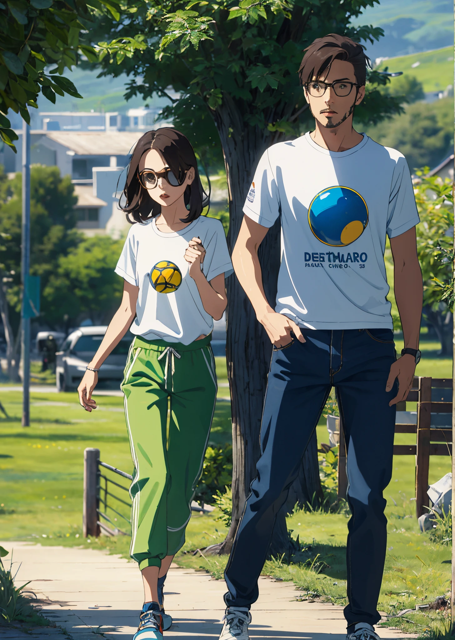 Boy and girl couple in their 30s, el chico moreno con gafas vistiendo pantalon vaquero y camisa a cuadros y zapatillas blanca la chica morena pelo largo con vaqueros y camiseta blanca y zapatillas de deporte, pasean por un parque con arboleda verde, In the background a boy of about 9 years old playing alone with a ball