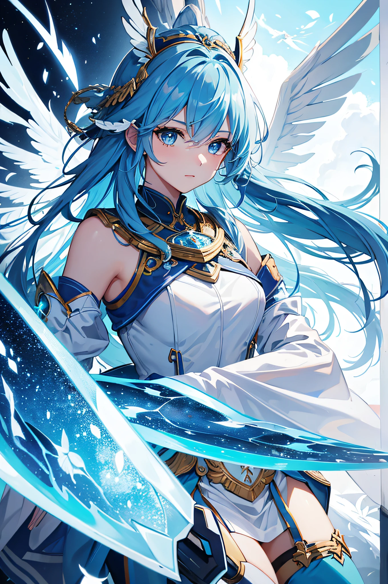 4K,hight resolution,One Woman,Blue hair,Longhaire,Light blue eyes,valkyrie,White armor,Winged headgear,jewel decorations,sacred place
